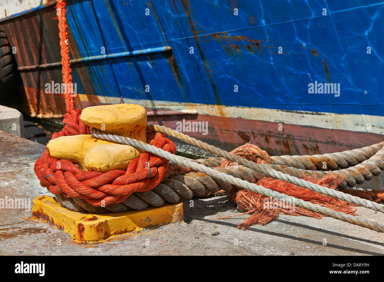 ropes and rusty detail of ship in harbour of Hout Bay, Cape Town