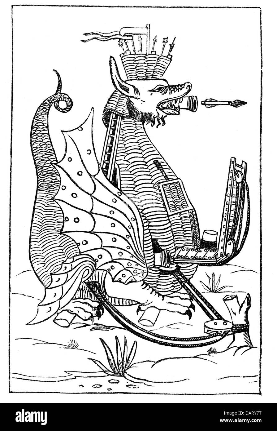 military, machinery of war, dragon-shaped machine to shoot arrows, siege tower, woodcut, from 'La Discipline Militaire', by Robert Valturin, 1555, Additional-Rights-Clearences-Not Available Stock Photo
