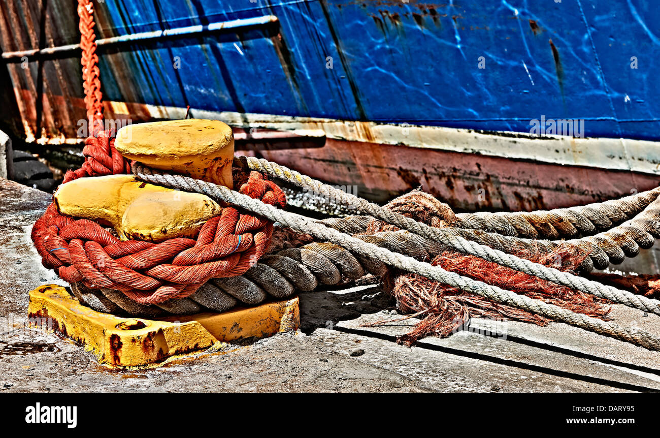 ropes and rusty detail of ship in harbour of Hout Bay, Cape Town