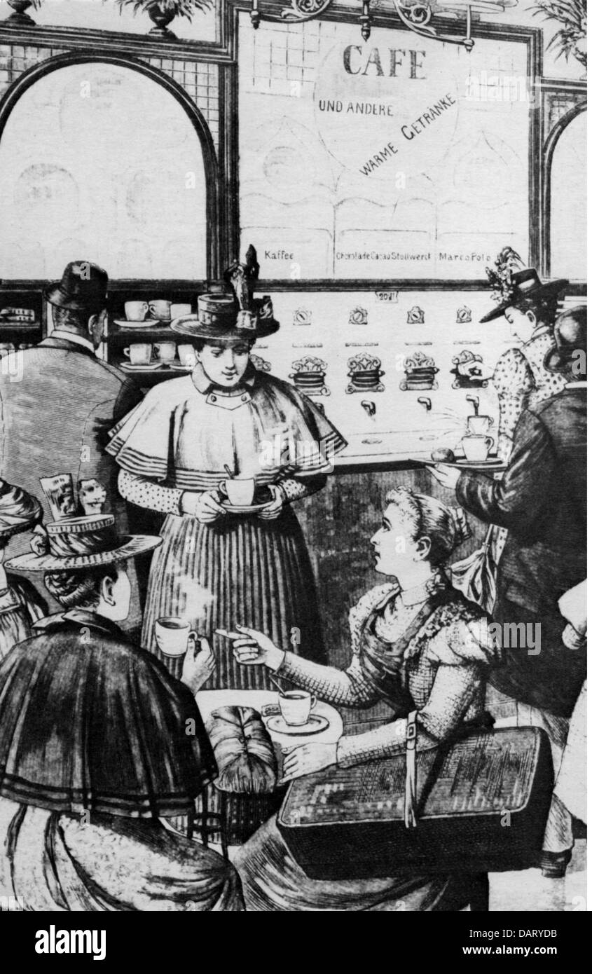 gastronomy,cafes / street cafes,automated cafe restaurant,Munich,1898,after drawing,by G.Heine,detail,wood engraving,circa 1900,19th century,20th century,turn of the century,graphic,graphics,Germany,Bavaria,restaurant,restaurants,coffeeehouse,coffee shop,coffeee bar,coffeeehouses,coffeee bars,guest,guests,sitting,sit,table,tables,clothes,outfit,outfits,hat,hats,basket,baskets,automate,automats,coffeee maker,coffeeemaker,coffeee makers,coffeeemakers,spigot,spigots,tap,draw,tapping,drawing,beverages,beverage,coff,Additional-Rights-Clearences-Not Available Stock Photo