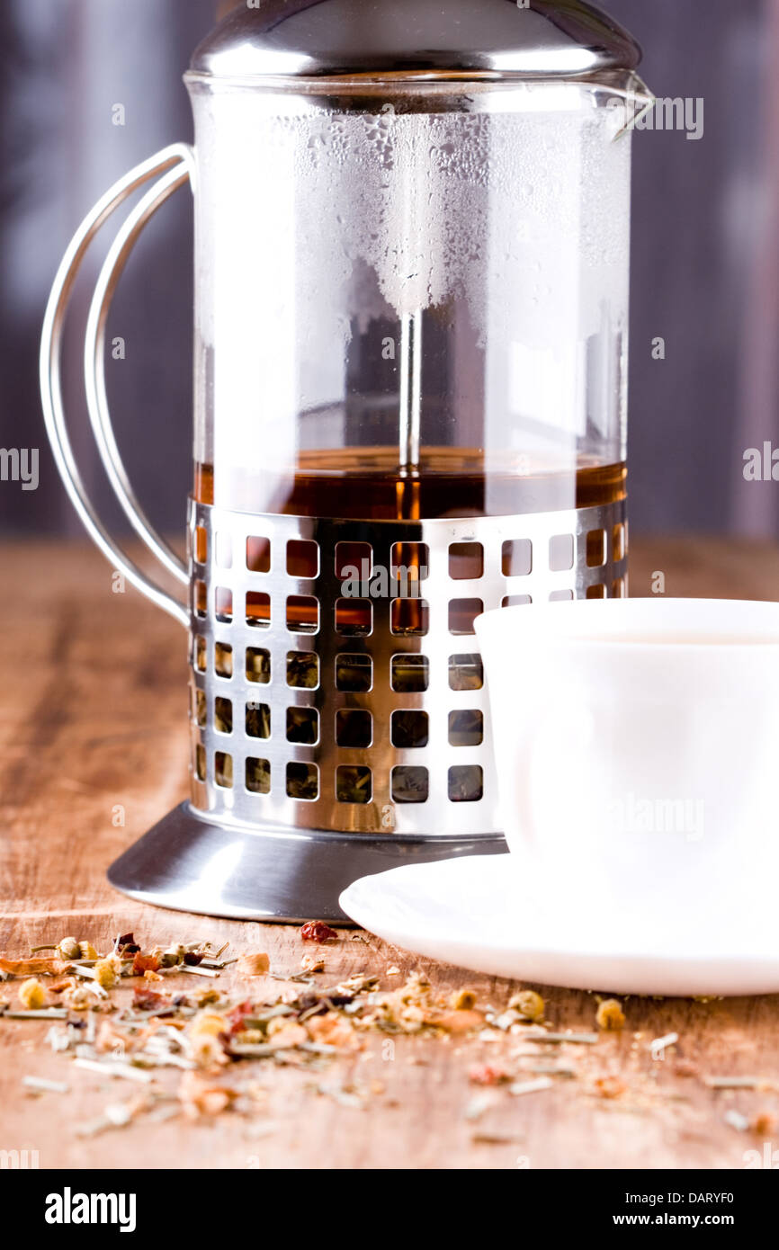 french press with herbal tea Stock Photo Alamy