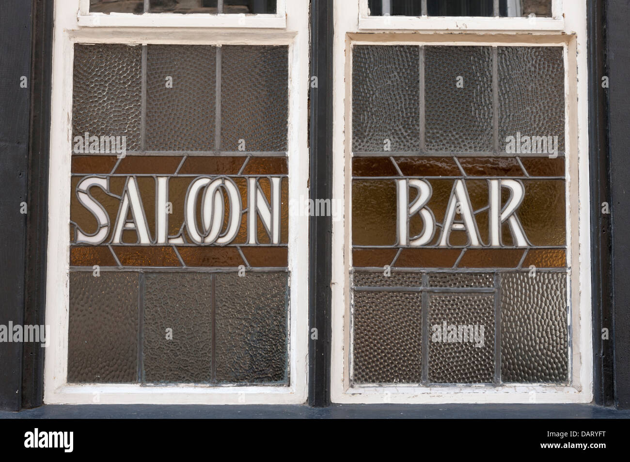 Salon bar sign on an old pub window Stock Photo