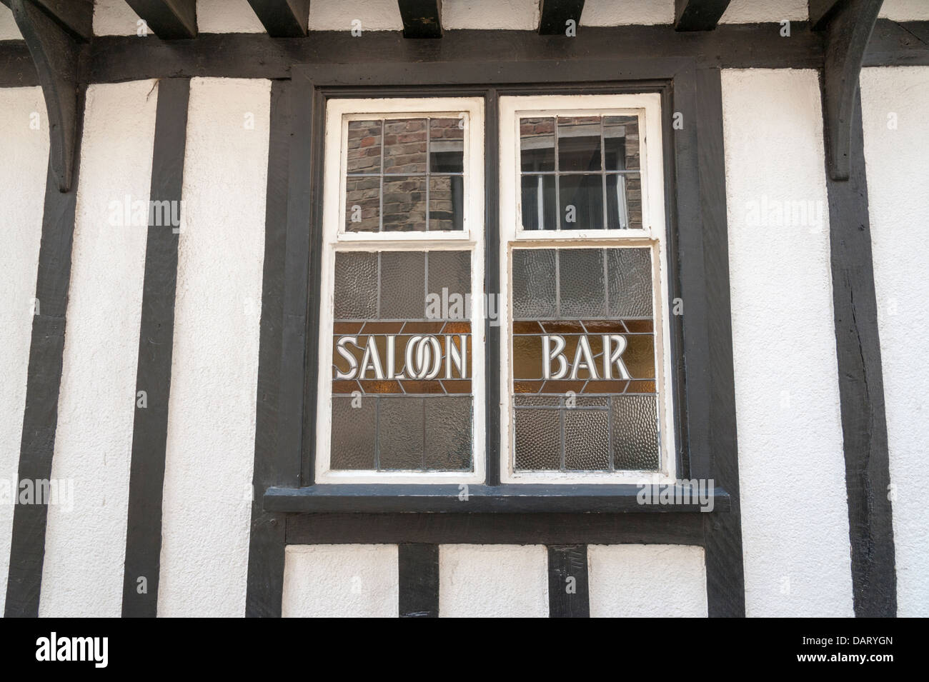Salon bar sign on an old pub window Stock Photo