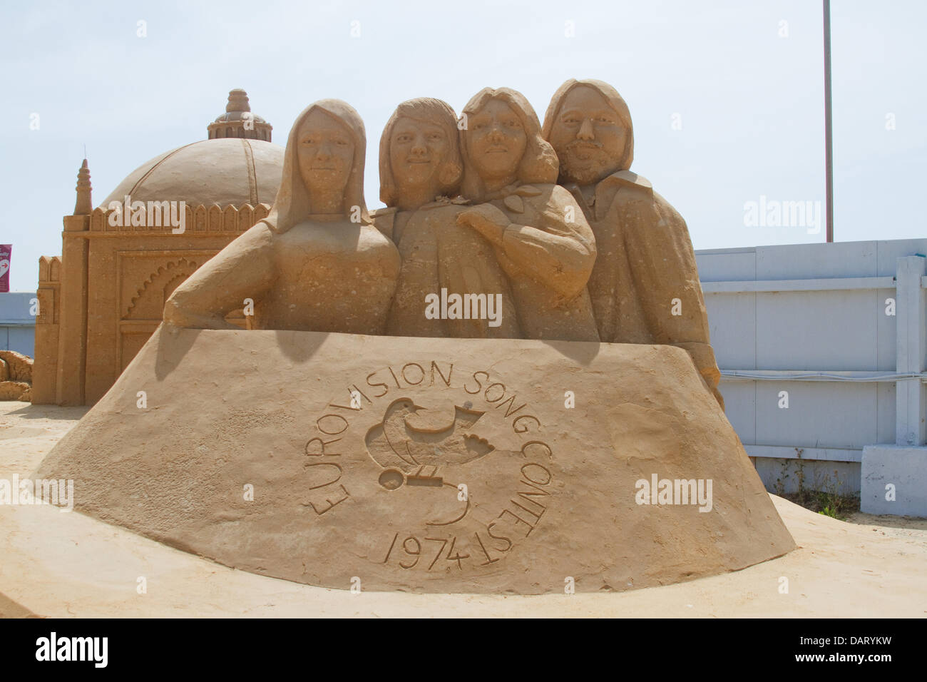 Brighton,UK,17th July 2013, A sand sculpture of Abba after winning the Eurovision song contest