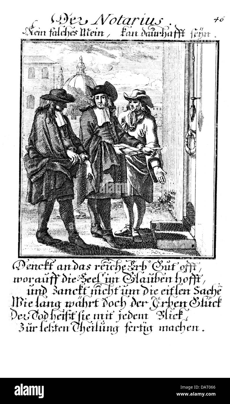 justice, civil law notaries, civil law notary, from the book of classes, by Christoph Weigel the Elder (1654 - 1725), with verses by Abraham a Sancta Clara (1644 - 1709), copper engraving, Nuremberg, 1698, Artist's Copyright has not to be cleared Stock Photo