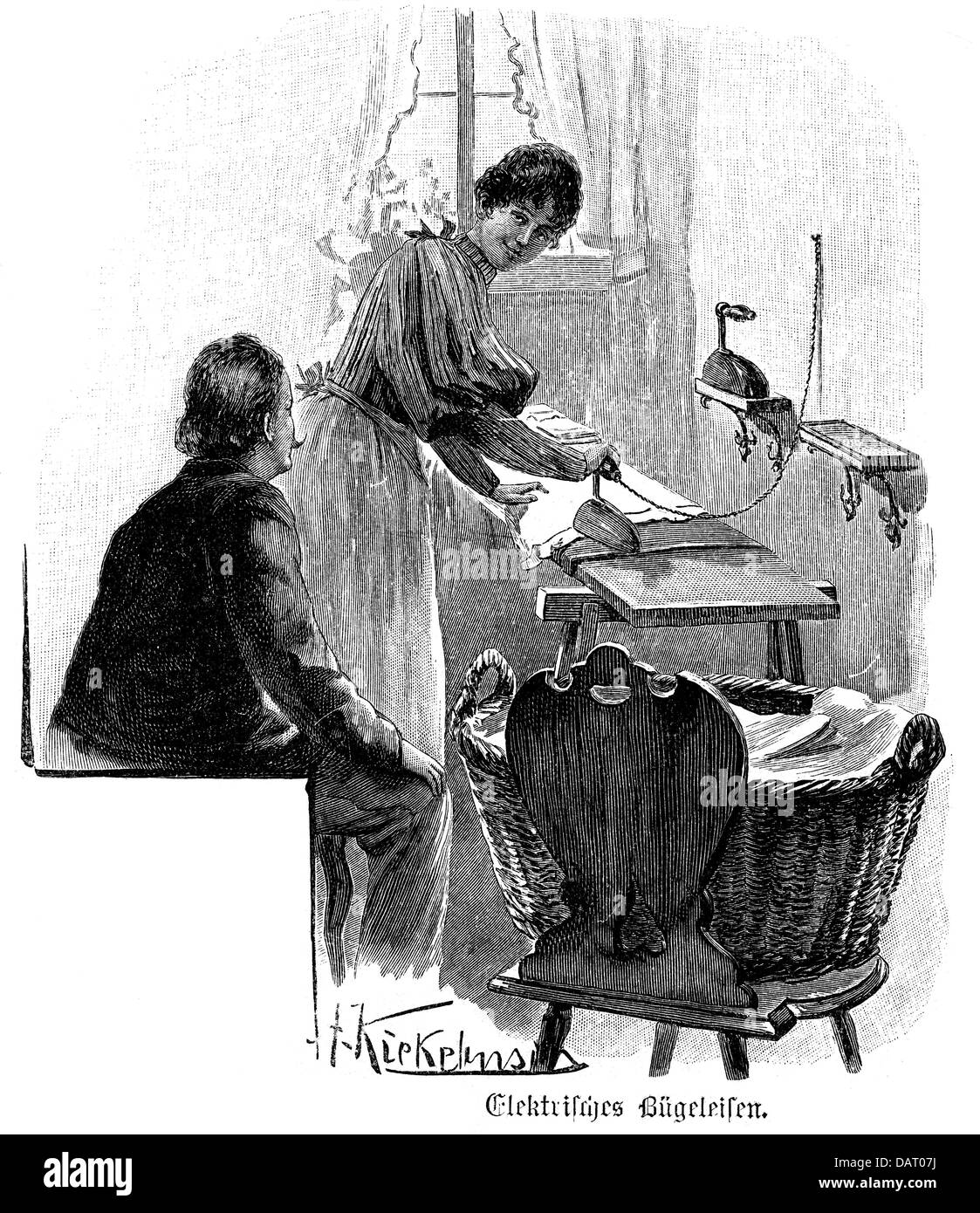 household, ironing, electric iron, after drawing by A.Kiekebusch, wood engraving, 1896, Additional-Rights-Clearences-Not Available Stock Photo