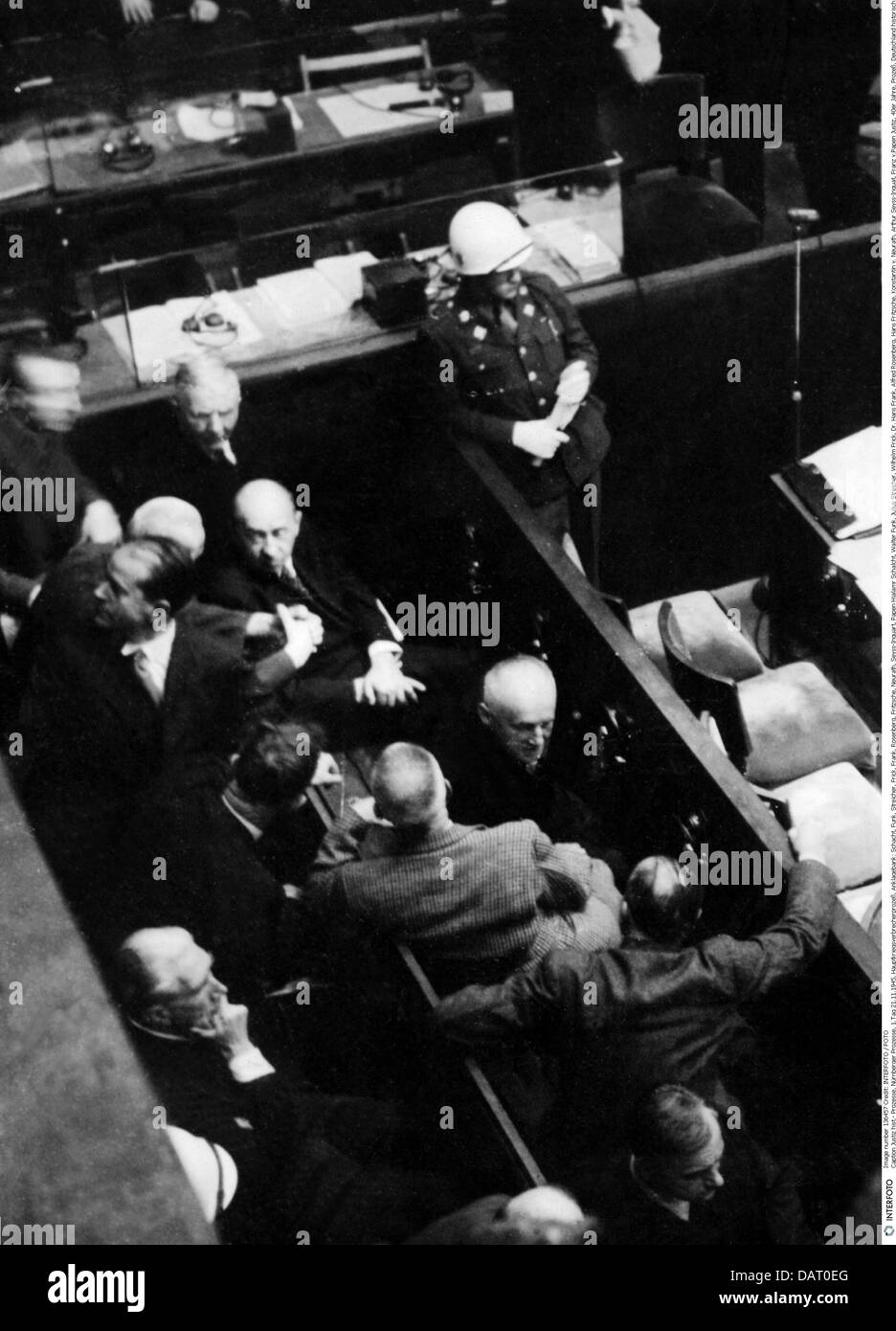 justice,trials,Nuremberg Doctors' Trial 25.10.1946 - 20.8.1947,dock,with the defendants Schacht,Funk,Streicher,Frick,Frank,Rosenberg,Fritzsche,Neurath,Seyss-Inquart,Papen on the first day of the trial,21.11.1945,1940s,40s,20th century,historic,historical,lawsuit,lawsuits,Germany,Third Reich,war criminals,Nazis,Second World War,WWII,postwar period,NS,National Socialism,Nazism,German Reich,Hjalmar Schacht,Walter Funk,Julius Streicher,Wilhelm Frick,Dr. Hans Frank,Alfred Rosenberg,Hans Fritzsche,Konstantin von Neurath,Arthur,Additional-Rights-Clearences-Not Available Stock Photo