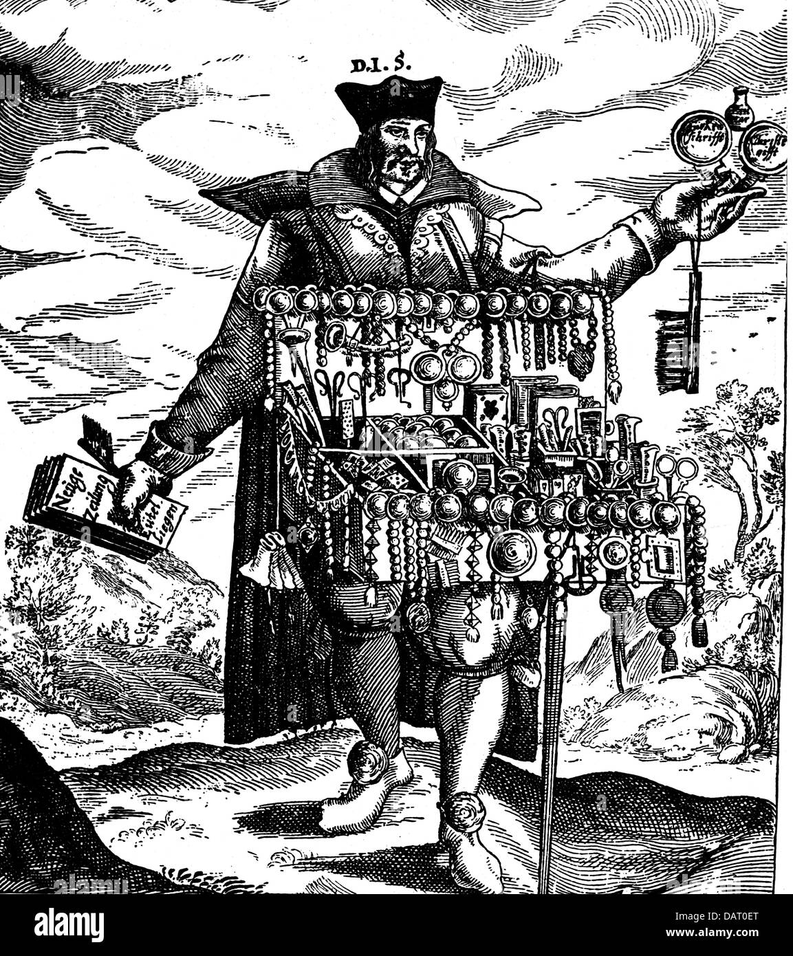 Scheffler, Johann, 1624 - 9.7.1677, German physician (medical doctor), poet and mystic, full length, out of libel 'Wohlverdientes Capitel', woodcut, 1664, Stock Photo