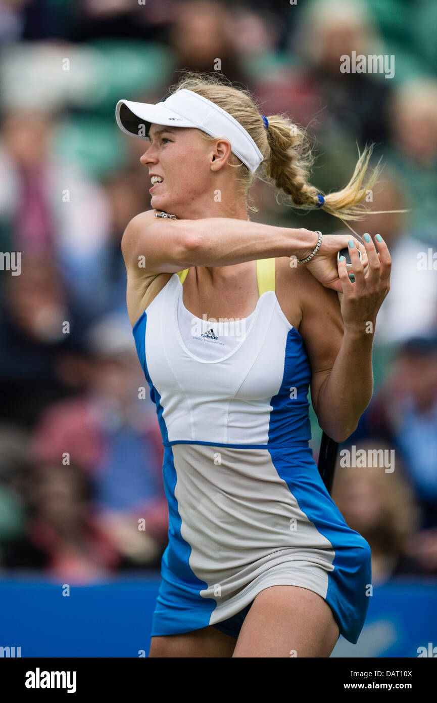 Caroline Wozniacki of Denmark in action playing single handed forehand shot during singles match Stock Photo