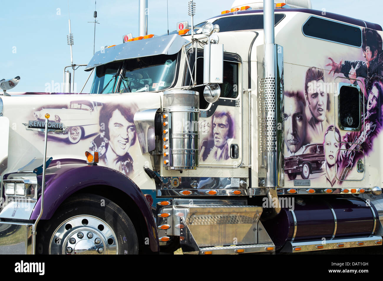 Custom American truck painted with Elvis artwork at an American car show. UK Stock Photo