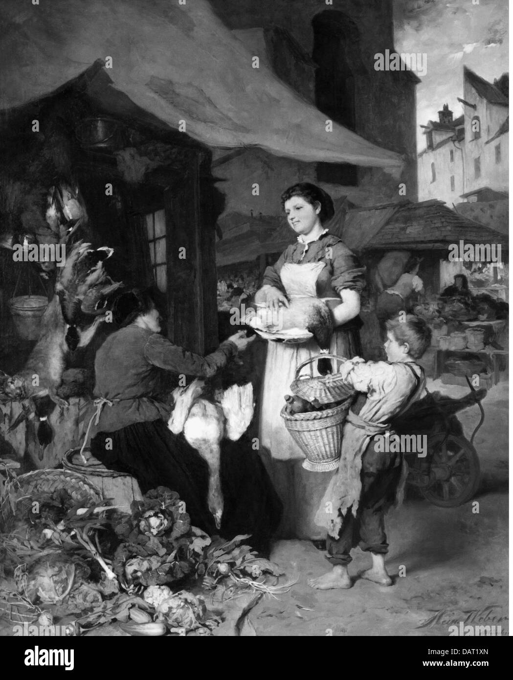 trade,markets,traffic,at the Viktualienmarkt,painting,by Heinrich Weber(1843 - 1913),19th century,19th century,fine arts,art,art of painting,geography / travel,Germany,Bavaria,Munich,merchant,merchants,saleswoman,saleswomen,salesladies,selling,sell,customer,customers,buyer,active buyers,sitting,sit,standing,stall,booth,stalls,booths,basket,baskets,vegetable,vegetables,meat,game,venison,poultry,rabbit,goose,geese,gander,duck,ducks,carrying,carry,genre painting,genre works,genre scenes,food product market,mark,Additional-Rights-Clearences-Not Available Stock Photo