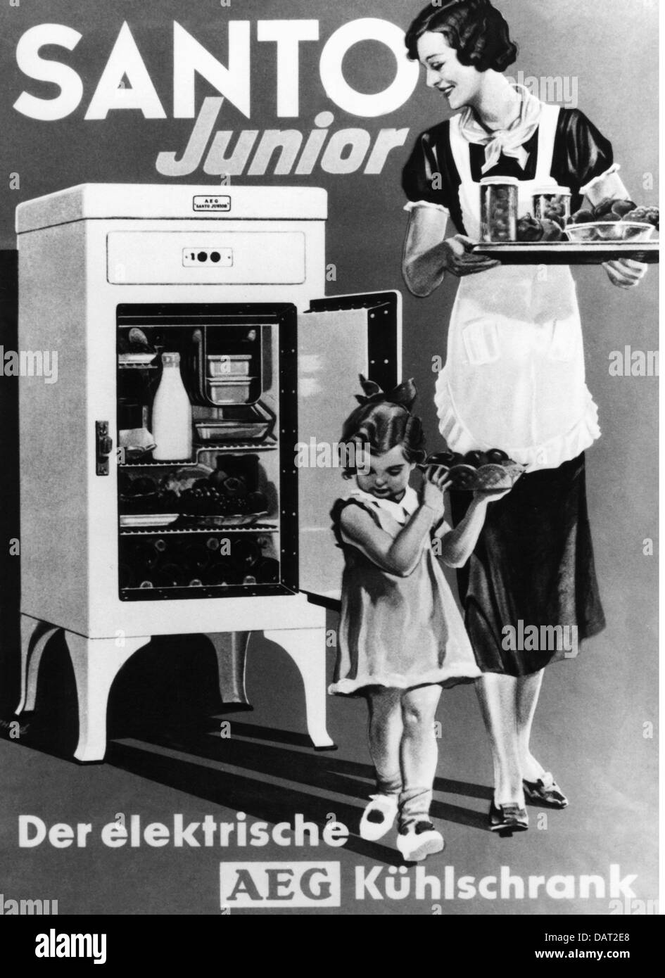 household, kitchen and kitchenware, electric refrigerator, type AEG 'Santo Junior, advertising poster, 1930s, Additional-Rights-Clearences-Not Available Stock Photo