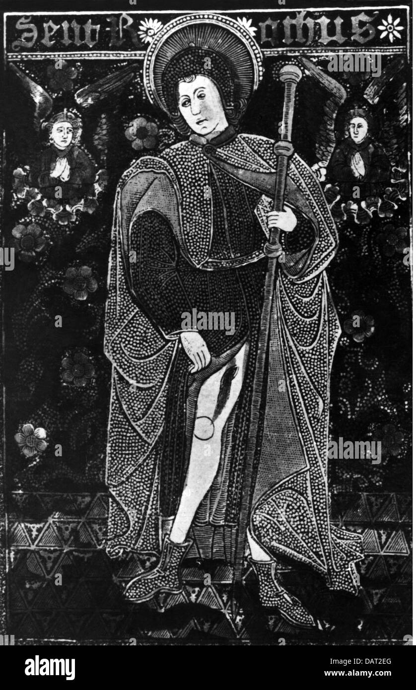 Saint Roch, Christian saint, circa 1295 - 16.8.1327, full length, Rhenish metalcut, circa 1470, Stock Photo