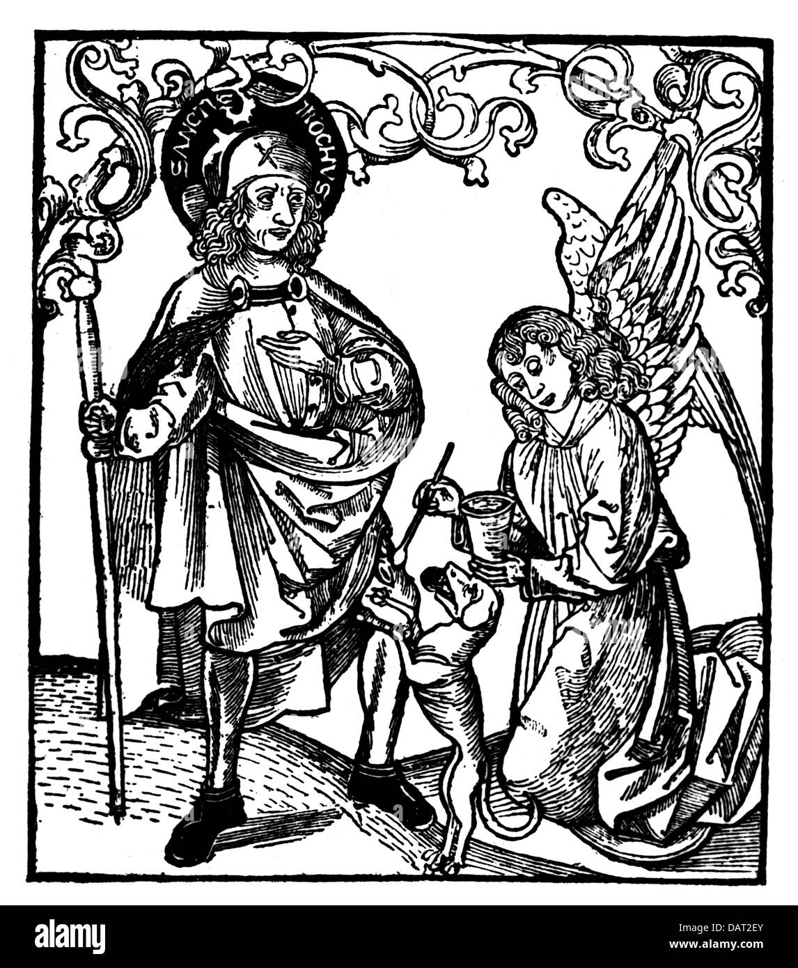 Saint Roch, Christian saint, full length, is feeded by a dog with bread and cared by an angel during his disease of plague, Stock Photo