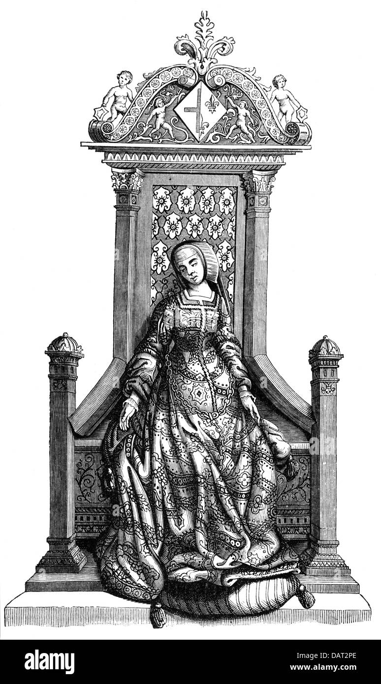 Louise of Savoy, 11.9. 1476 - 22.9.1531, duchess of Angouleme since 1488, half length, on the throne, after miniature, wood engraving, 19th century, national library, Paris, Stock Photo