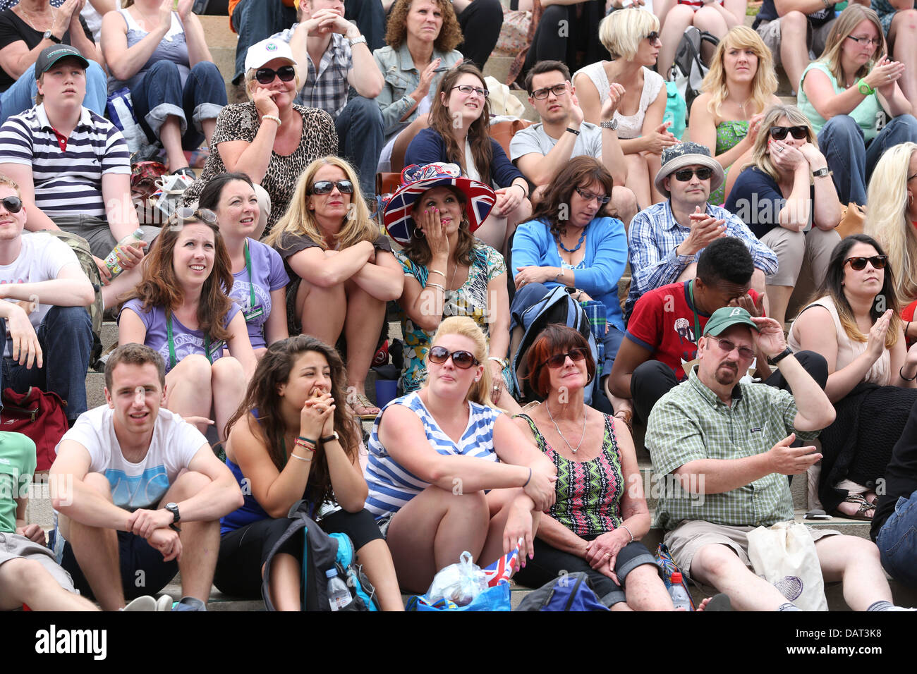 Crowds watching the big screens on Henman Hill, Wimbledon Tennis Championships 2013 Stock Photo