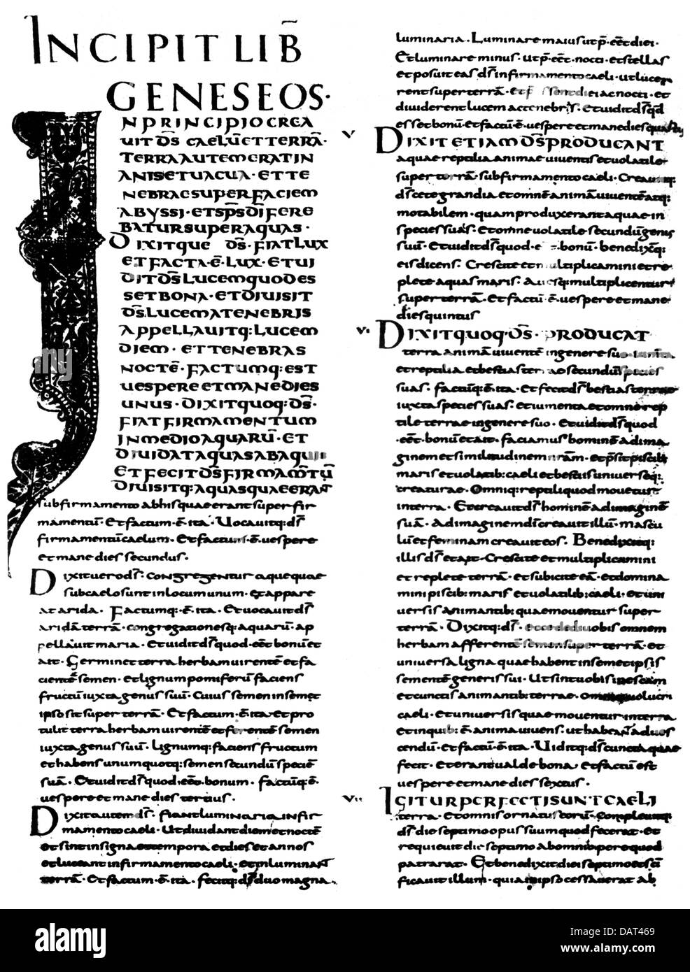 literature, Bible, Alcuin Bible, beginning of the Old Testament in Latin Vulgate, parchment, Tours, 9th century, 9th century, Stock Photo