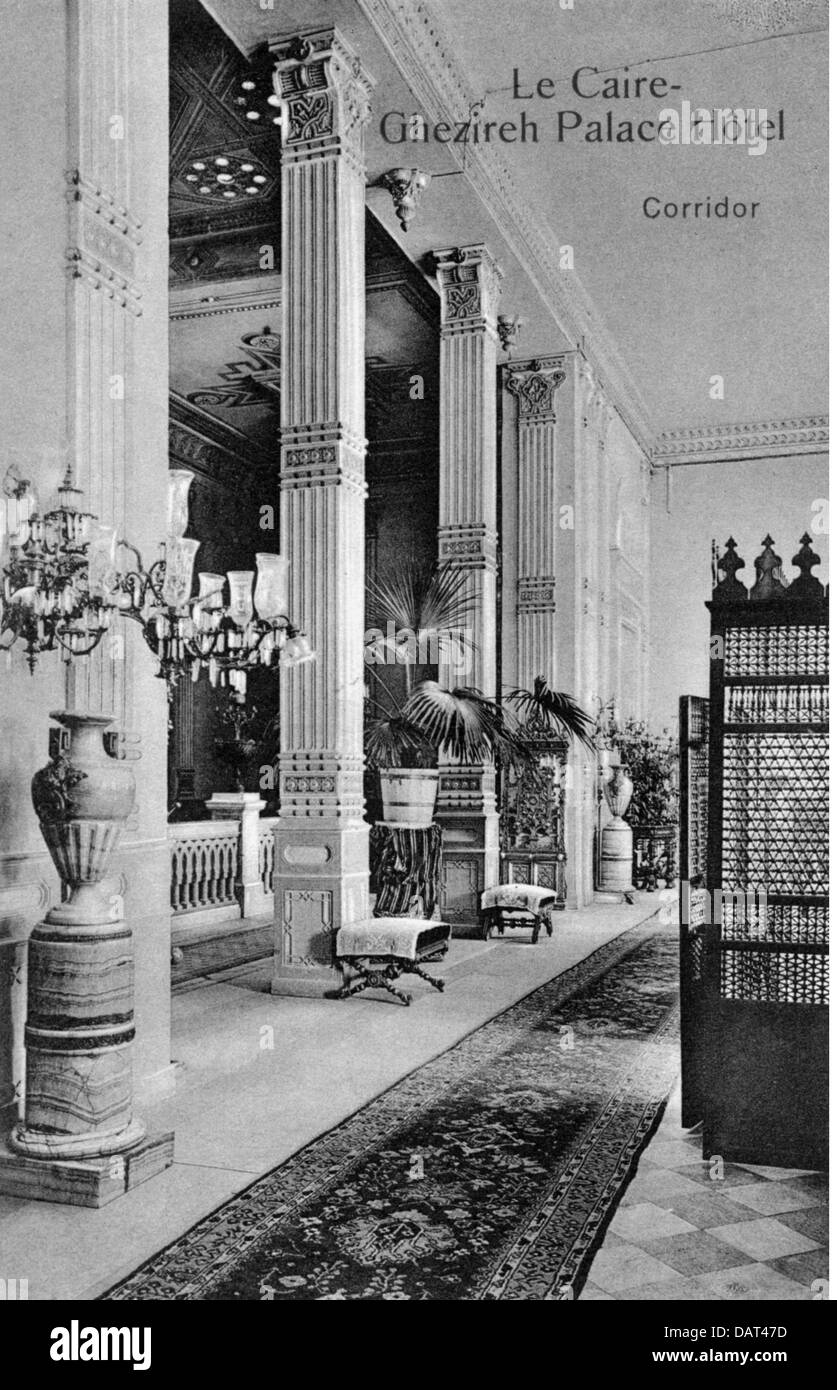 geography / travel, Egypt, Cairo, gastronomy, hotel 'Gezireh Palace', interior view, corridor, picture postcard, circa 1900, Additional-Rights-Clearences-Not Available Stock Photo