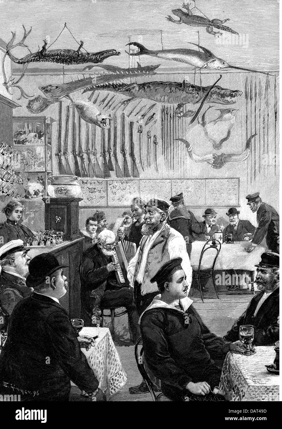 gastronomy,tavern,sailor tavern,Hamburg,interior view,after drawing by Ernst Limmer,(1854 - 1931),1896,wood engraving,1897,19th century,graphic,graphics,Germany,inns,seating area,half length,guest,guests,sitting,sit,tables,table,chairs,chair,glass,glasses,beverage,beverages,drink,drinks,wine,wines,bar,bars,musician,musicians,make music,play music,making music,playing music,makes music,plays music,made music,played music,playing,play,musical instrument,instrument,musical instruments,instruments,piano accordion,,Additional-Rights-Clearences-Not Available Stock Photo