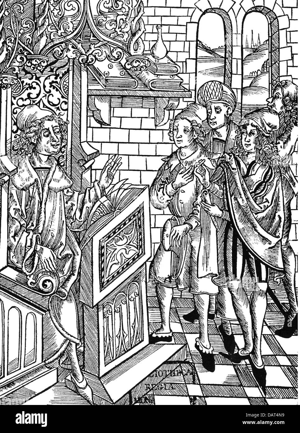 pedagogy, university, professor and students, woodcut, out of: Hieronymus Brunschwig (circa 1450 - circa 1512), 'Das Buch der Cirurgia', print: Johann Grüninger, Strasbourg, 1497, Additional-Rights-Clearences-Not Available Stock Photo