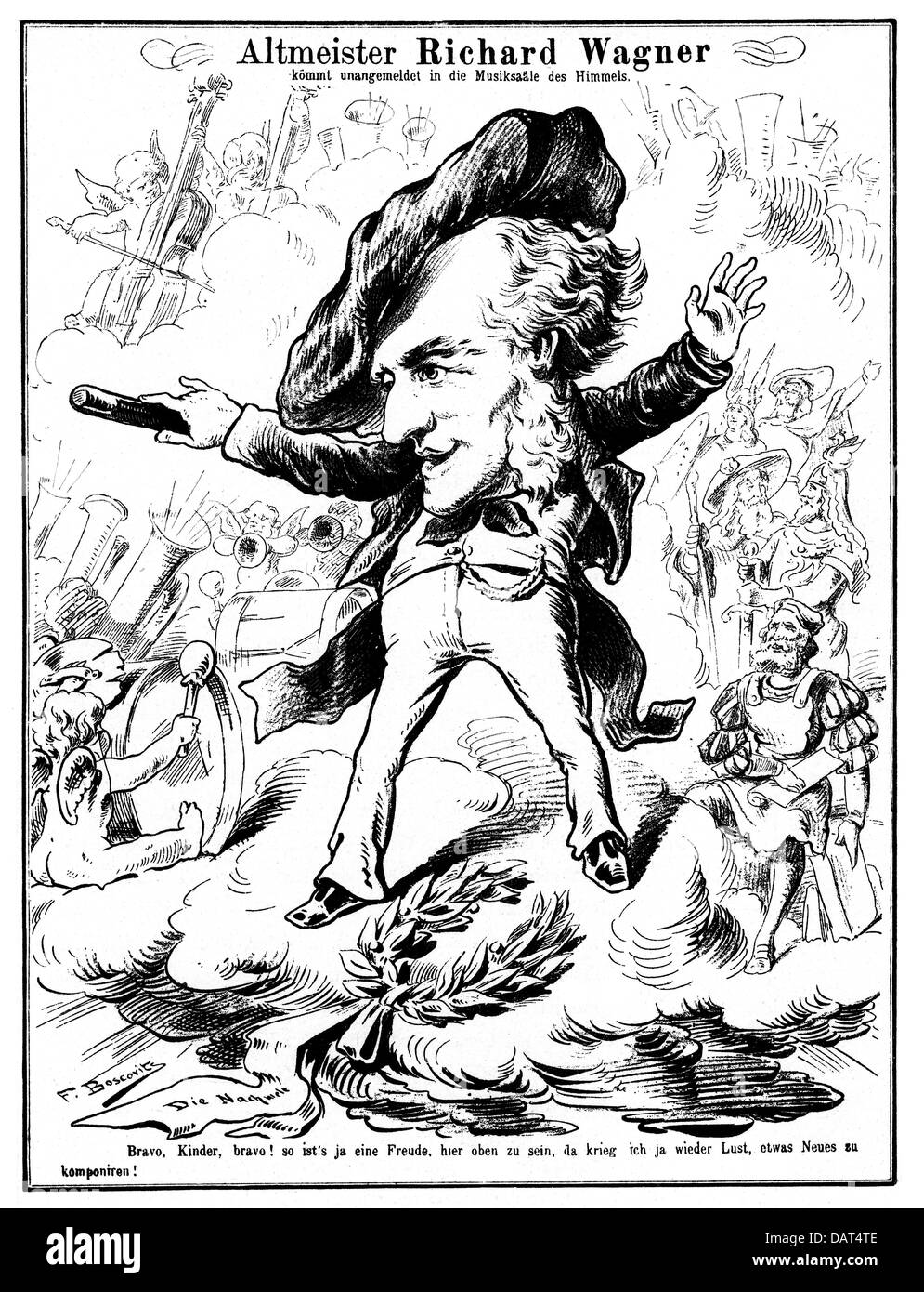 Wagner, Richard, 22.5.1813 - 13.2.1883, German musician (composer), 'R. W. kommt in den Musiksaal des Himmels', caricature by Boscovits, Zurich, 1883, Stock Photo