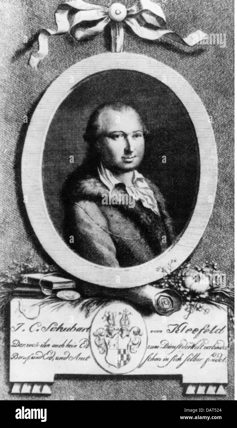 Schubart, Johann Christian, 24.2.1734 - 23.4.1787, German agriculturist and agricultural author / writer, portrait, contemporary copper engraving, 18th century, Artist's Copyright has not to be cleared Stock Photo
