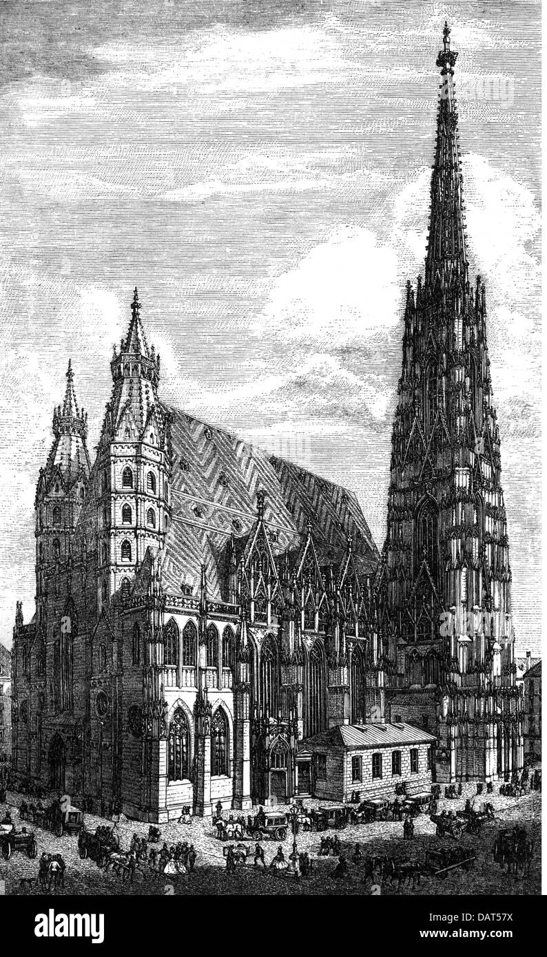 geography / travel, Austria, Vienna, churches, St. Stephan's Cathedral, exterior view, wood engraving, late 19th century, Saint Stephen, cathedral, cathedrals, Catholic Church, religion, religions, Christianity, people, transport, transportation, inner city, midtown, city centre, town centre, urban core, 1st district, Austria-Hungary, Austria - Hungary, Dual-Monarchy, Cisleithania, Central Europe, historic, historical, Additional-Rights-Clearences-Not Available Stock Photo