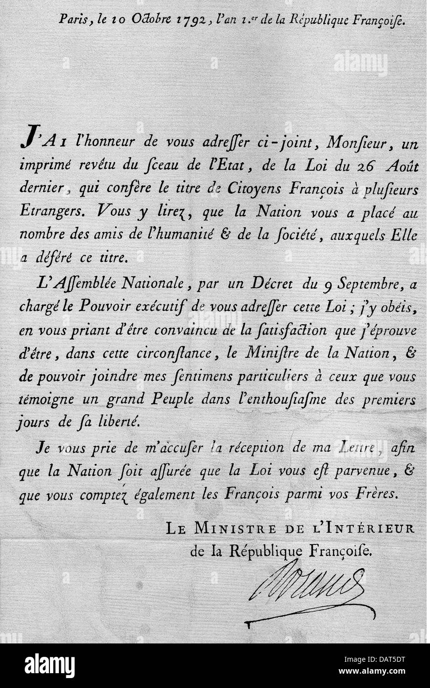 documents, accompanying letter to the letter of appointment for honorary citizens of France, signature of minister of the interior Jean Marie Roland de La Platiere, Paris, 10.10.1792, Additional-Rights-Clearences-Not Available Stock Photo