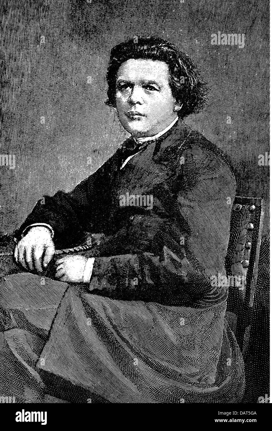 Rubinstein, Anton G., 28.11.1829 - 20.11.1894, Russian musician (composer, pianist), half length, sitting, wood engraving, 19th century, Stock Photo