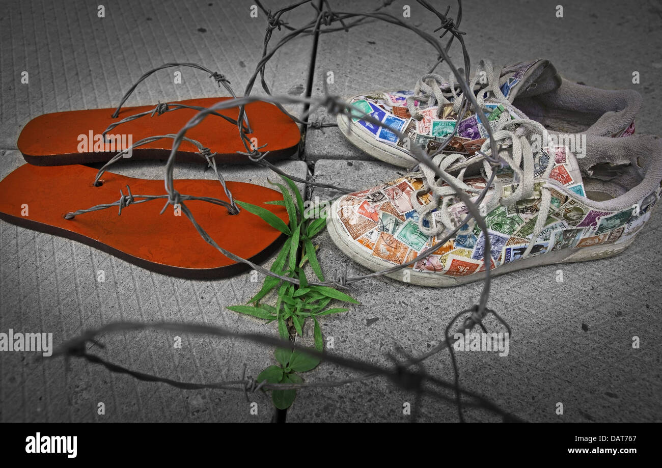 two pairs of shoes face to face prisoner flip flops and shoes of
