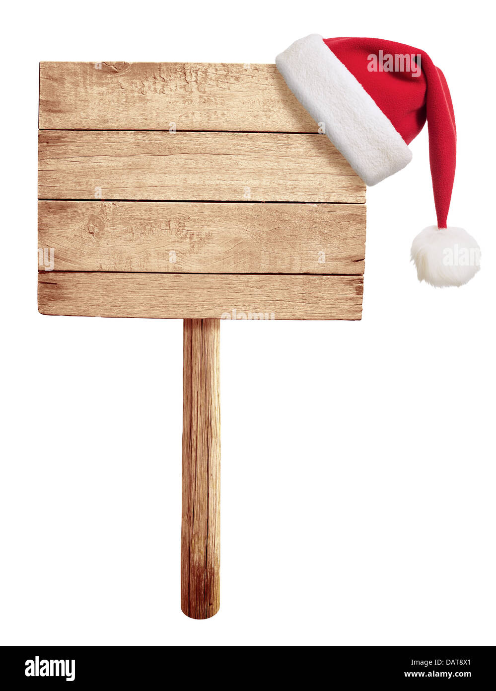 wooden road sign with red Santa's hat hanging isolated on white Stock Photo