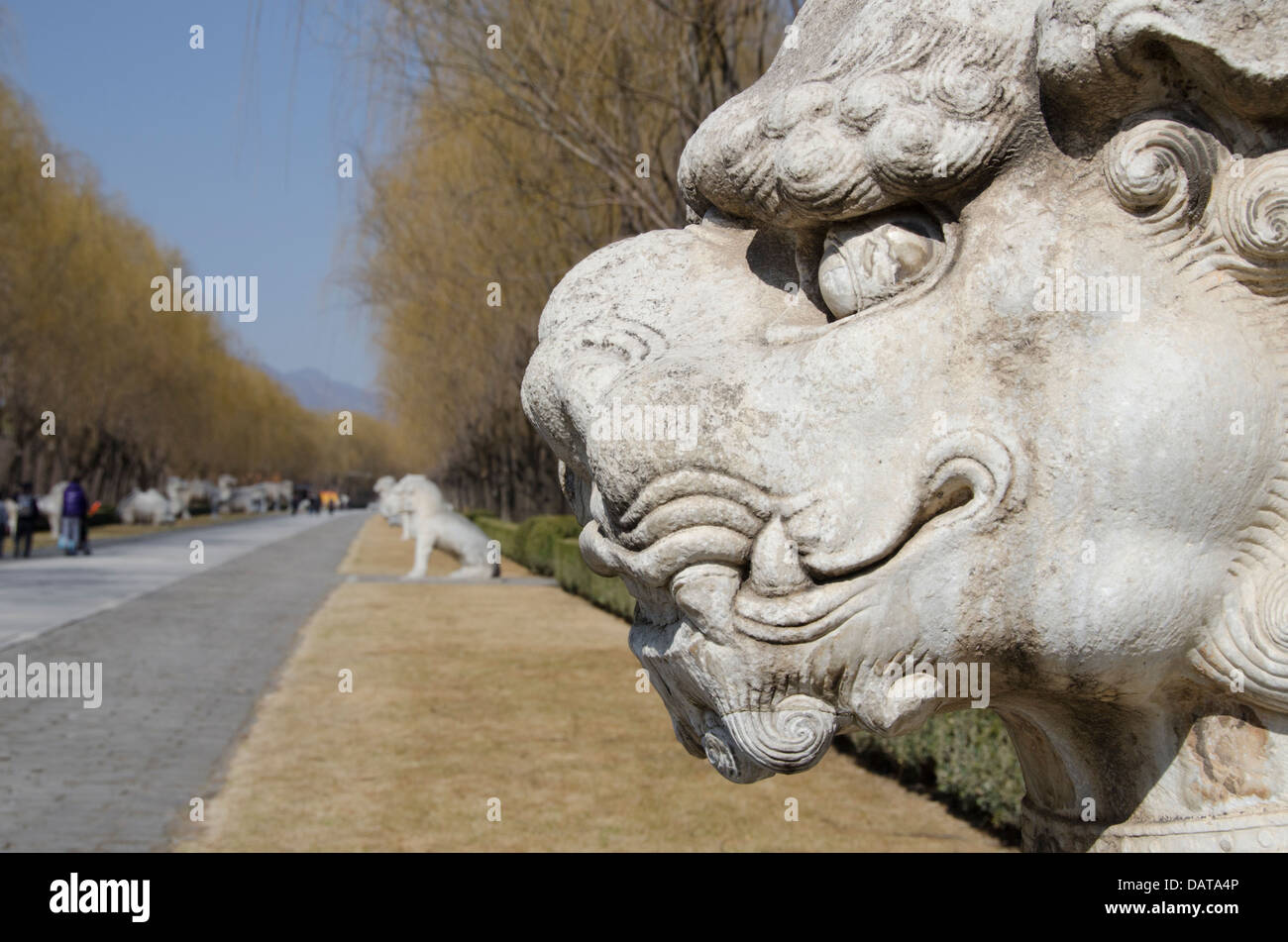 China, Beijing. Changling Sacred Way. 14th century Ming Dynasty, ornate carved statues of mythical lion creature. Stock Photo
