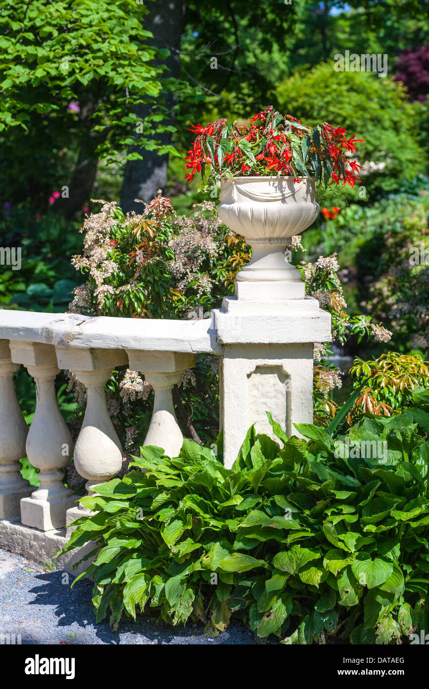 A decorative classic pedestal planter filled with begonias at the