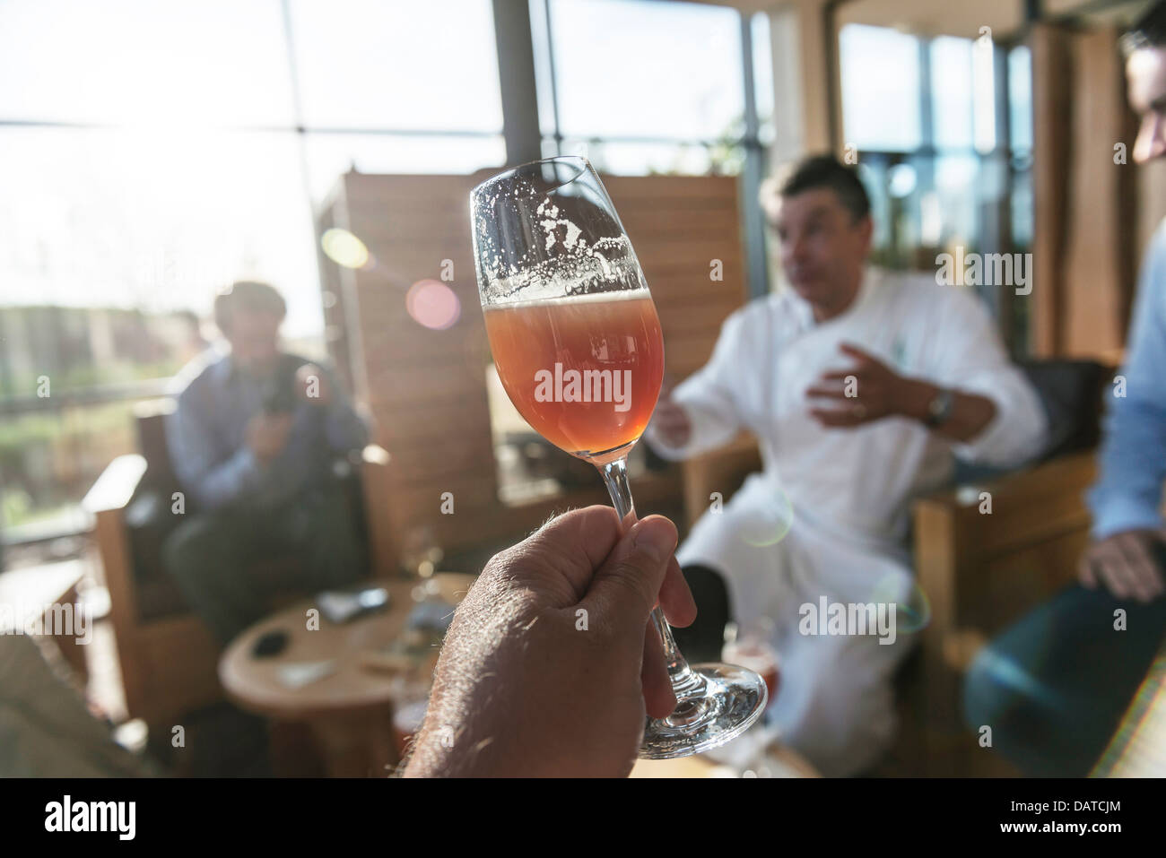 Apéritifs with head chef Regis Marcon at his 3 star Michelin restaurant  St-Bonnet-le-Froid. Haute-Loire. Auvergne, France Stock Photo