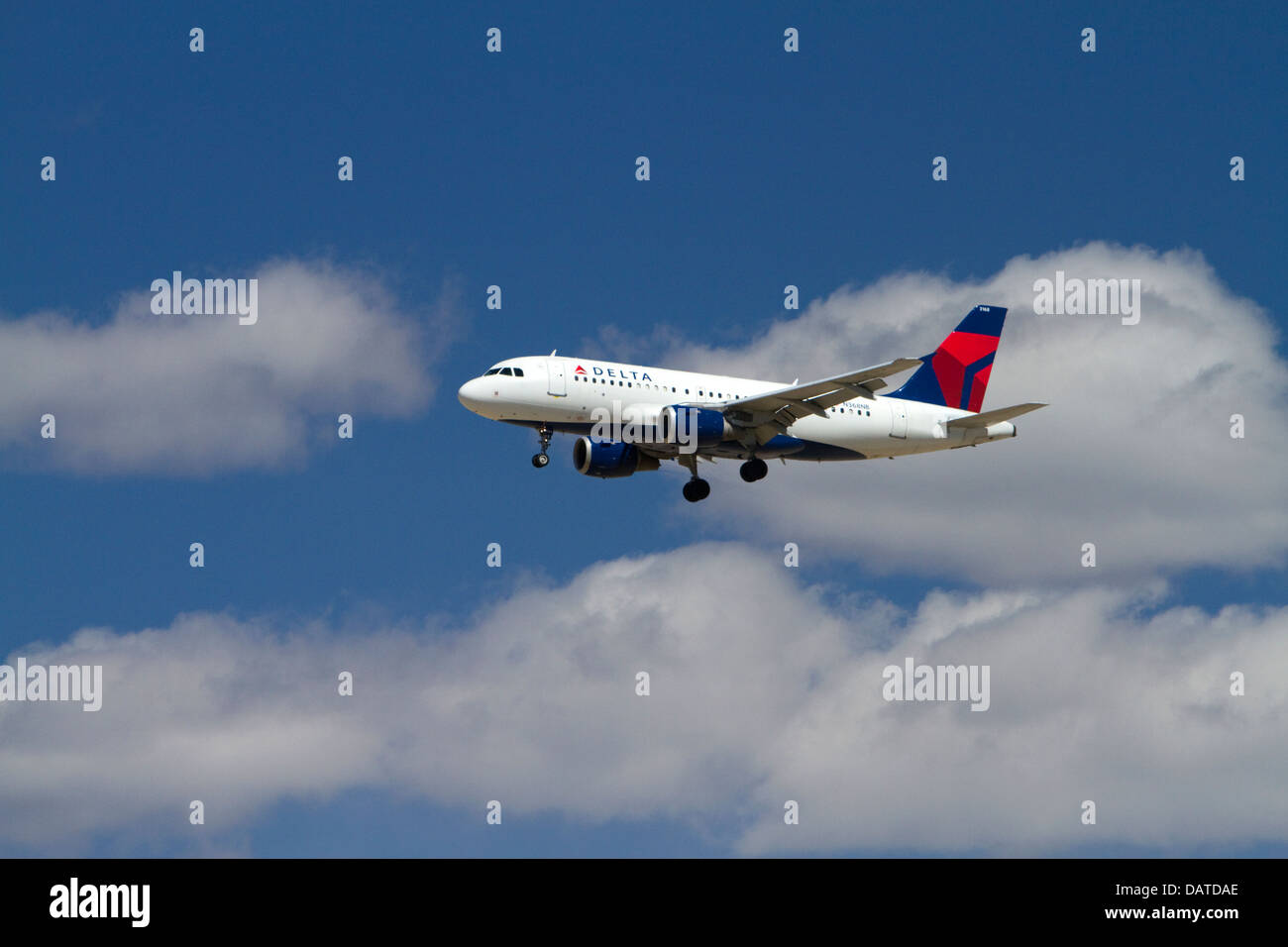 Delta Airbus 319 landing at the Boise Airport, Idaho, USA Stock Photo