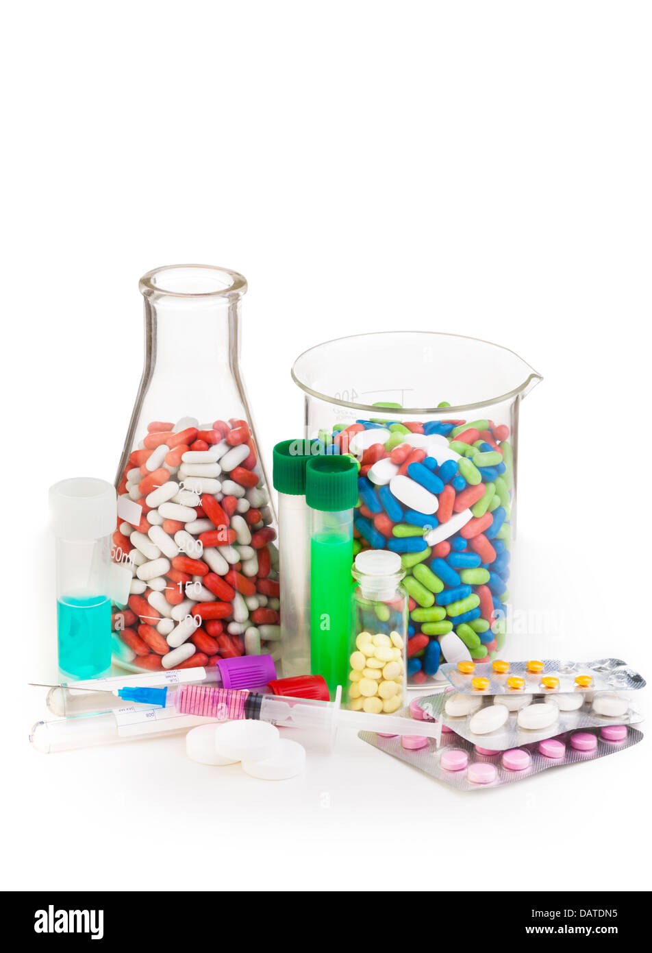 Many different drugs in color pills, tablets in packages and syringe