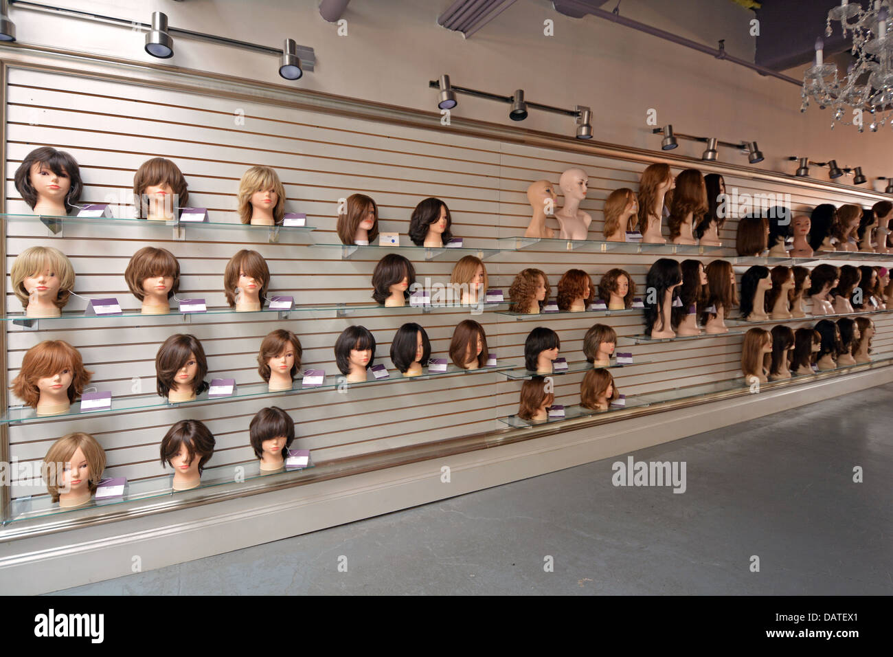 Wigs on mannequins at Freeda Wigs a factory in Crown Heights, Brooklyn, NY,  frequented by religious Jewish women buying sheitels Stock Photo - Alamy