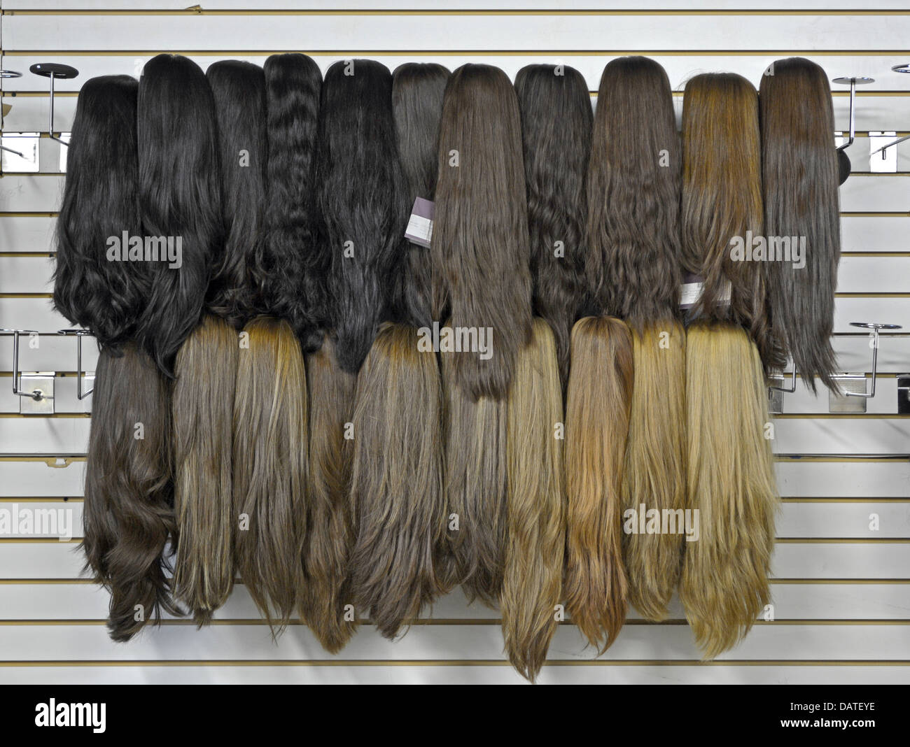 Wigs in the showroom at a factory in Crown Heights Brooklyn, NY frequented by religious Jewish women buying sheitels. Stock Photo