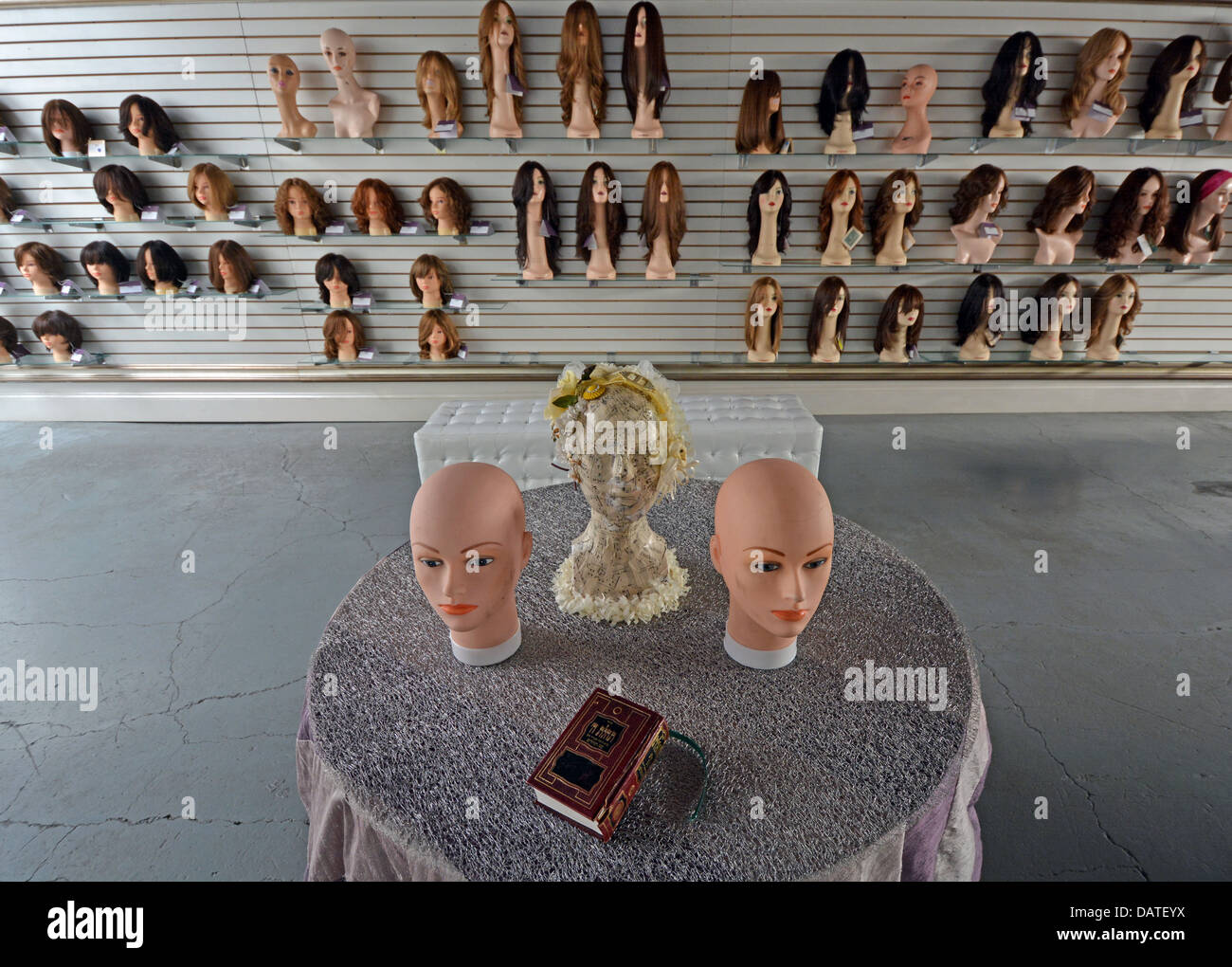 Wigs in the showroom at Freeda's, a factory in Crown Heights Brooklyn, NY frequented by religious Jewish women buying sheitels Stock Photo