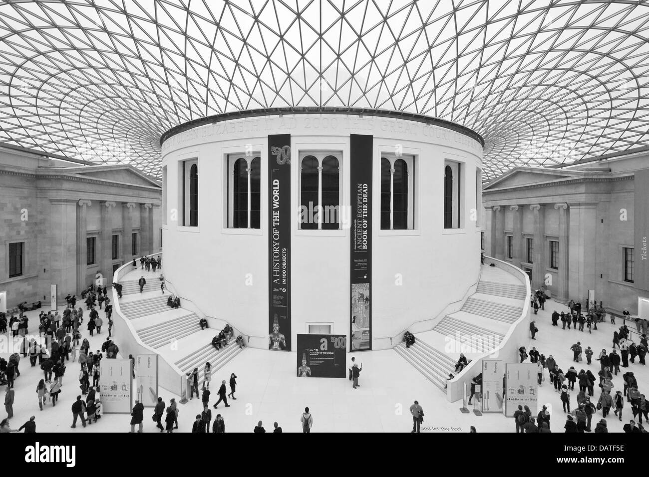 View of interior atrium at the British Museum with its glass domed ceiling. Stock Photo