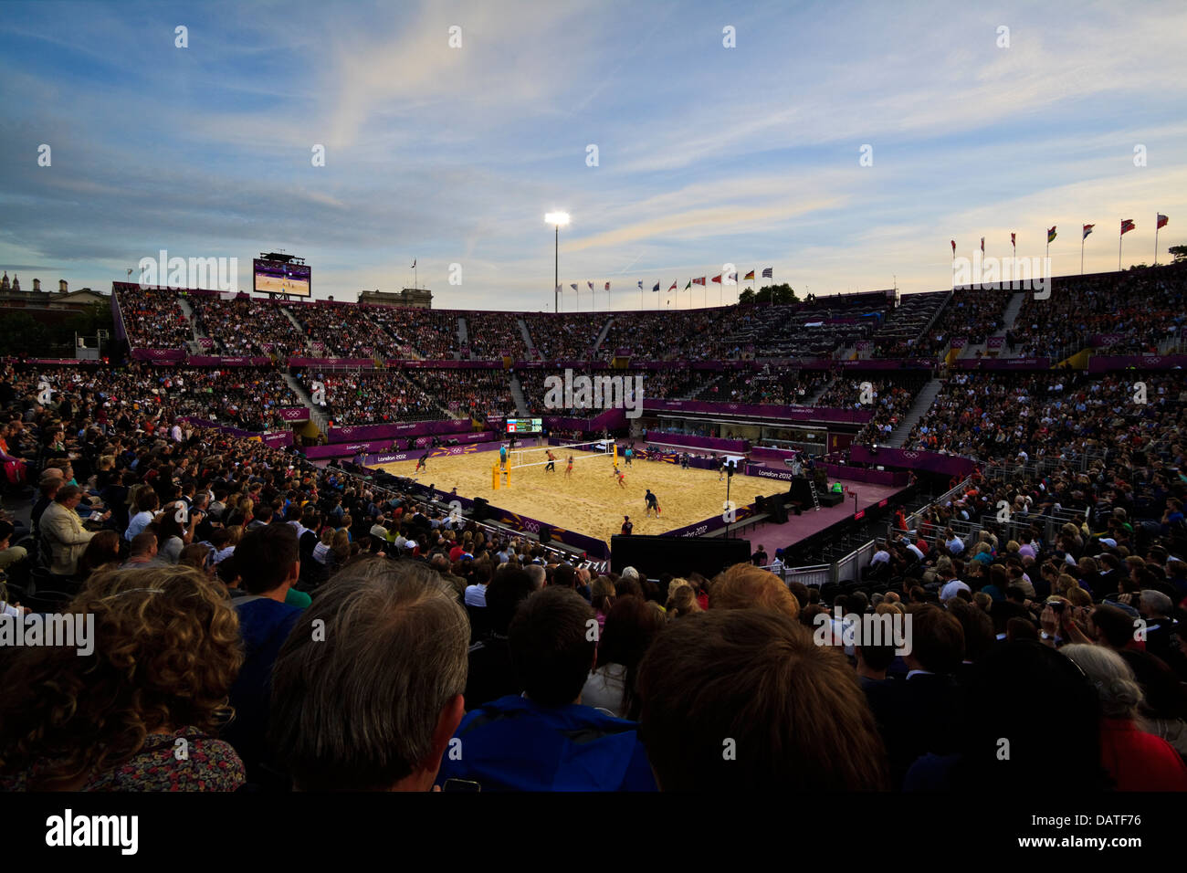Olympic beach volleyball being played at sunset at Horse Guards Parade