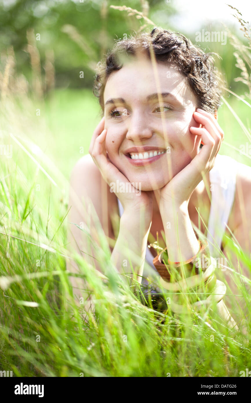 girl on green field Stock Photo Alamy