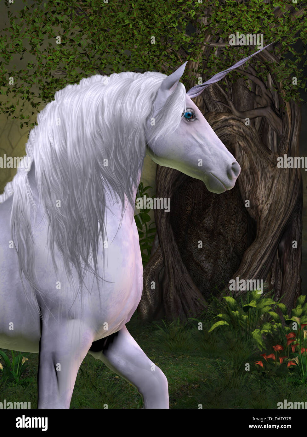 A unicorn buck prances in the magical forest full of beautiful flowers and trees. Stock Photo