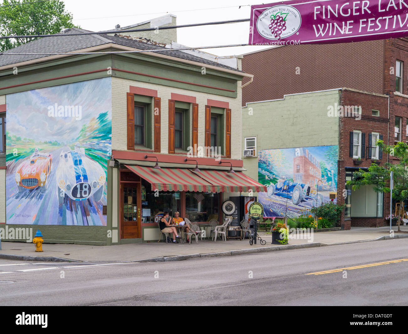 Painted murals on buildings on Franklin Street in Watkins Glen New York in the Finger Lakes Region of NY State Stock Photo
