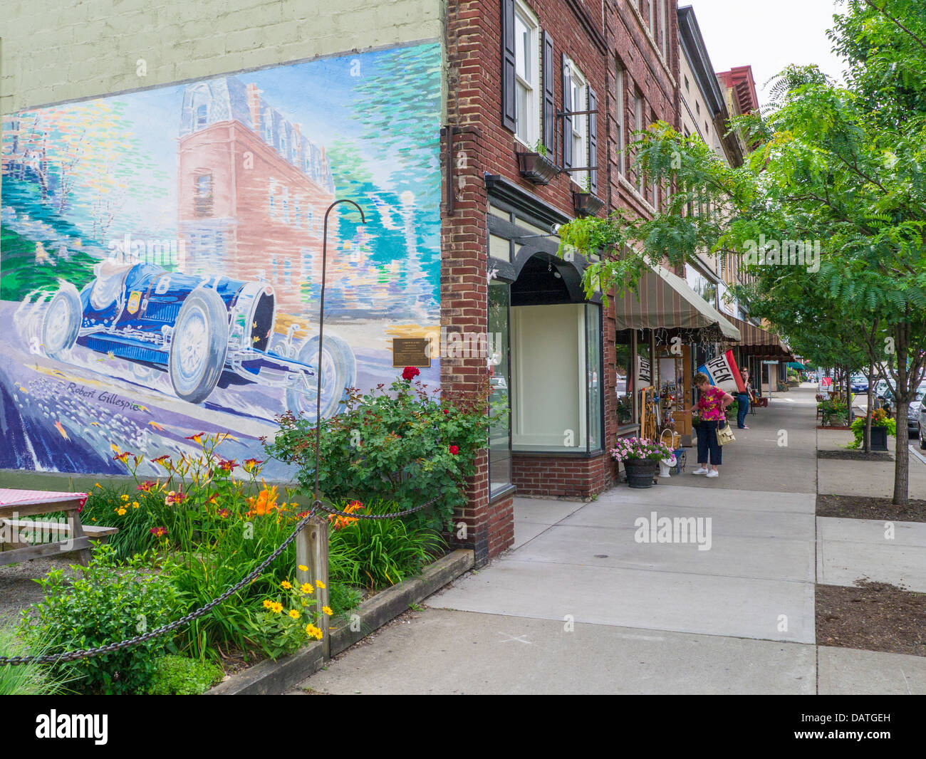 Painted murals on buildings on Franklin Street in Watkins Glen New York in the Finger Lakes Region of NY State Stock Photo