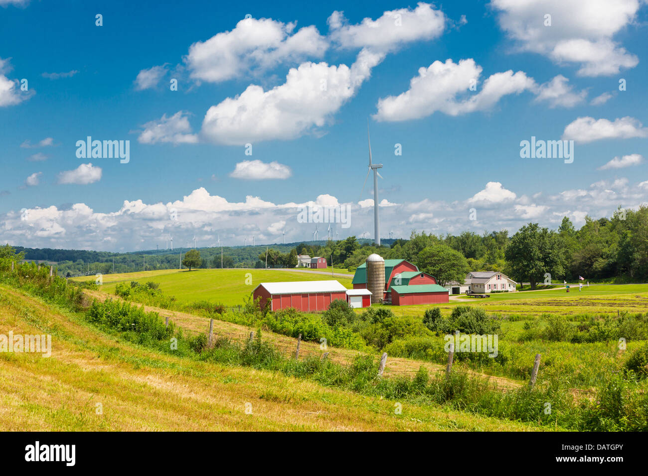 Windmills around farm in Western New York State Stock Photo Alamy