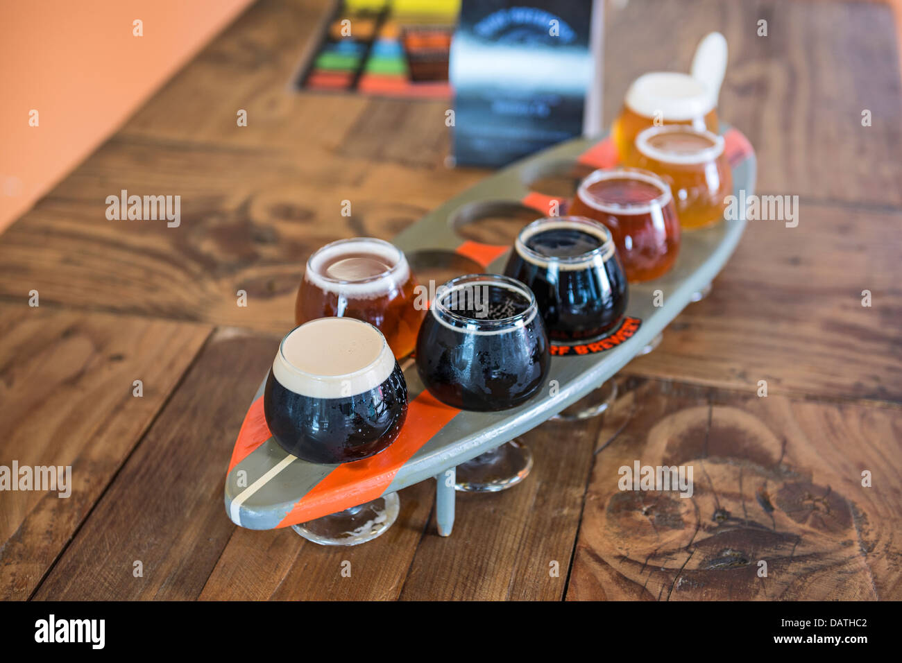 A variety of different beers for tasting. Stock Photo