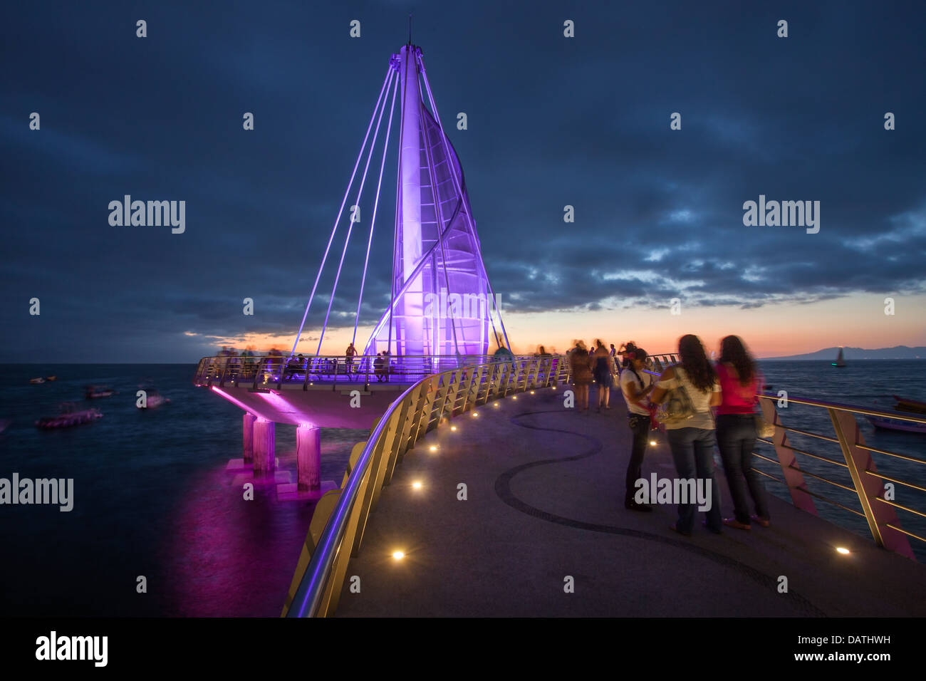 The new dock on the boardwalk at twilight,  Puerto Vallarta, Mexico. Stock Photo