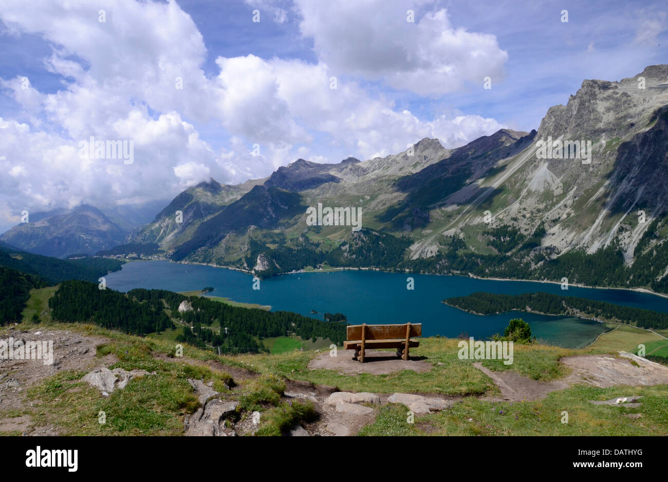 After the walk up to this wonderful view over Lake Sils this bench is very inviting! Stock Photo