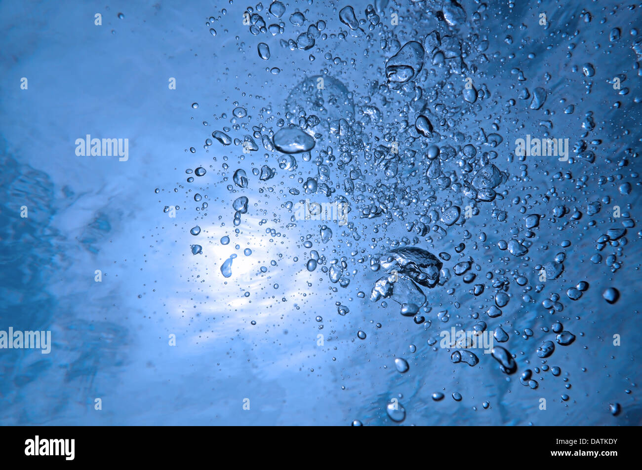 Air bubbles rising to water surface with sunlight in background, natural scene Stock Photo